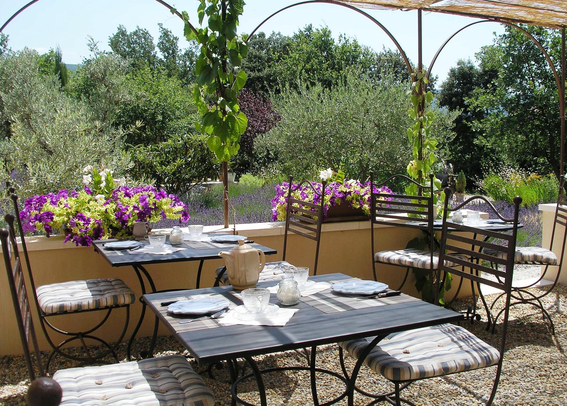 you will have breakfast, facing the garden with lavandes and Luberon mountain